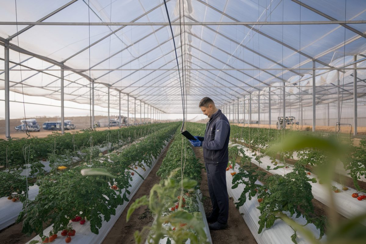 Un ouvrier inspecte des tomates sous serre à Almería, Espagne
